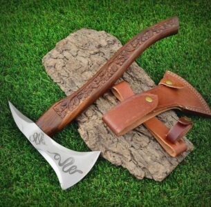 New Year Sale Custom Handmade Carbon Steel Viking Bearded Hatchet Axe With Leather SHEATH