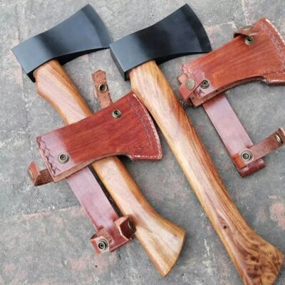 Custom Hand Forged High Carbon Steel Hunting Camping Throwing Axe Pair With Leather Sheath.