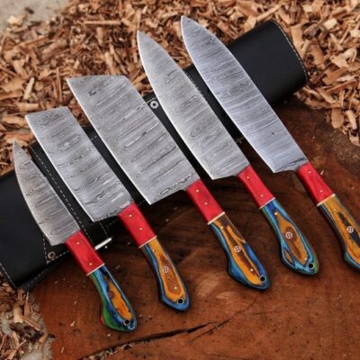 Custom Handmade 5 Pieces Damascus Steel Kitchen Chef Set With Rolling Bag