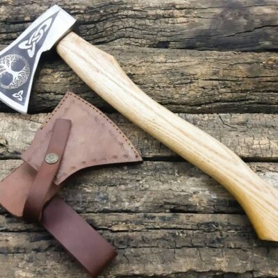 Custom Handmade Carbon Steel Hunting Camping Bearded Axe With Leather Sheath