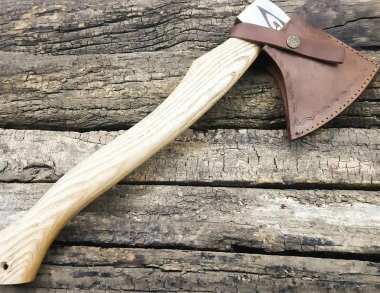 Custom Handmade Carbon Steel Hunting Camping Bearded Axe With Leather Sheath