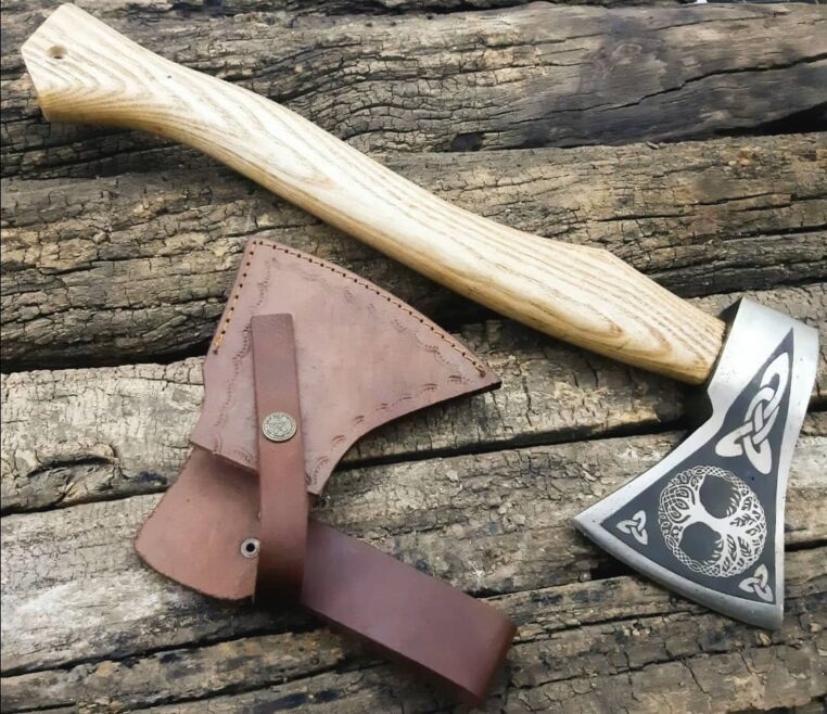 Custom Handmade Carbon Steel Hunting Camping Bearded Axe With Leather Sheath