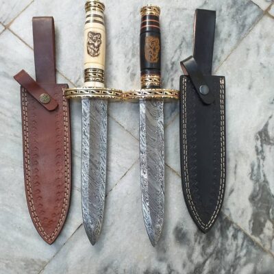 Custom Handmade Damascus Steel 15" Hunting Bowie knives Pair With Beautiful Leather SHEATH