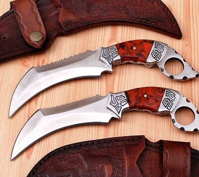 Custom Handmade D2 Steel 11" Hunting Karambit knives Pair With Beautiful Leather Sheath