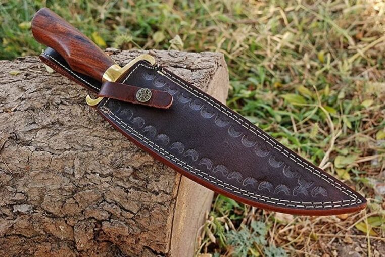 Custom Handmade Damascus Steel 16" Bowie Hunting Camping Knife With Leather Sheath