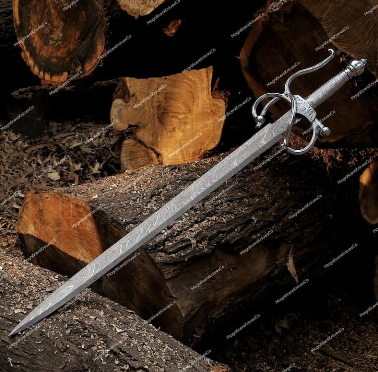 Handmade Damascus Steel Medieval / Rapier Sword With Leather Sheath,