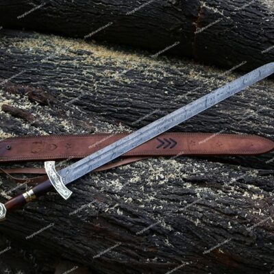 Custom Hand Forged Damascus Steel Blade 38" Long Viking Sword, Medieval/Knight Sword, Hunting/Combat Sword With Leather Sheath, Gift for him