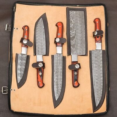 Magnificent Custom Made Damascus Blade Kitchen/Chef Knife Set 5 pieces, Unique High Grade Hand Forged Kitchen Knives Set