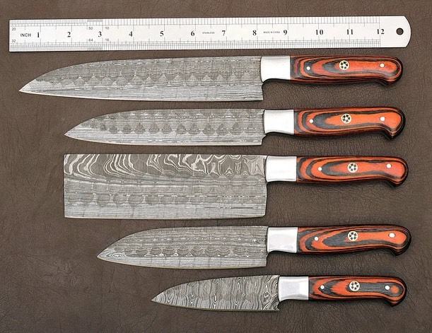 Magnificent Custom Made Damascus Blade Kitchen/Chef Knife Set 5 pieces, Unique High Grade Hand Forged Kitchen Knives Set