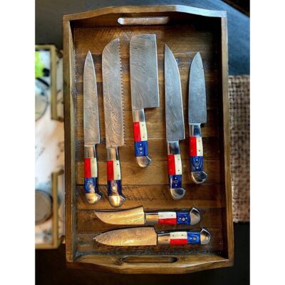 Magnificent Custom Made Damascus Blade Kitchen/Chef Knife Set 7 pieces, Unique High Grade Hand Forged Kitchen Knives Set