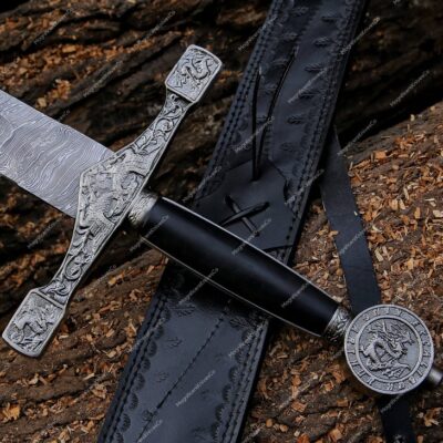 Unique Hand Forged Damascus Steel King Arthur, Excalibur Sword / Knight Templar Sword, Combat Sword With Leather Sheath, Gifts for him