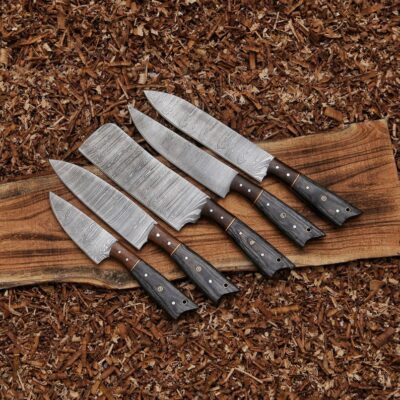 Magnificent Custom Made Damascus Blade Kitchen/Chef Knife Set 5 pieces, Unique High Grade Hand Forged Kitchen Knives Set