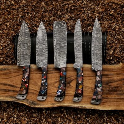 Magnificent Custom Made Damascus Blade Kitchen/Chef Knife Set 5 pieces, Unique High Grade Hand Forged Kitchen Knives Set