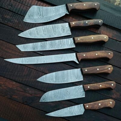 Custom Handmade Damascus Steel Kitchen Knife/Set of 7/ Rollover cover/ Sheath/