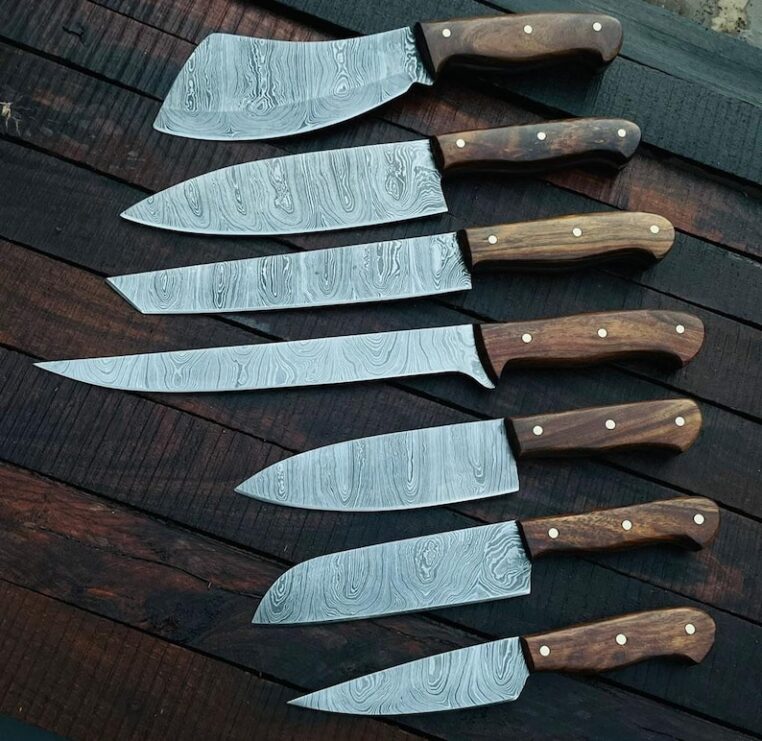 Custom Handmade Damascus Steel Kitchen Knife/Set of 7/ Rollover cover/ Sheath/