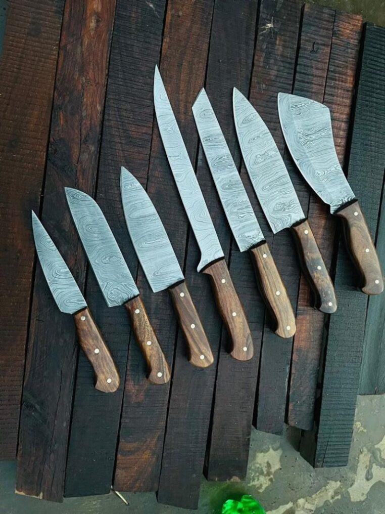 Custom Handmade Damascus Steel Kitchen Knife/Set of 7/ Rollover cover/ Sheath/