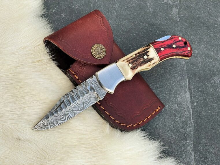 Damascus Folding Knives Set, Stag Horn Knife, Engraved Pocket Knife, Stag Antler, Wood Handle, Handmade Knife, Personalized Gift