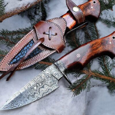 Bobcat Forge - 11" Handmade Damascus Hunting Knife with Leather Sheath