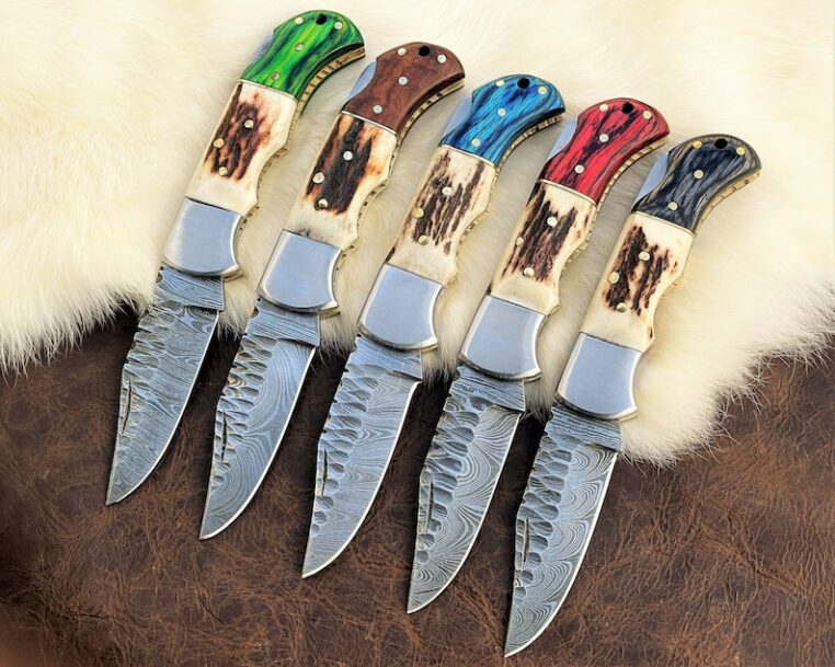 Damascus Folding Knives Set, Stag Horn Knife, Engraved Pocket Knife, Stag Antler, Wood Handle, Handmade Knife, Personalized Gift