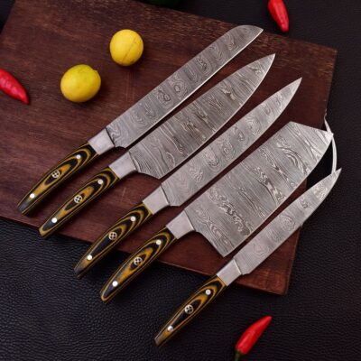 New Year Sale, Magnificent Custom Made Damascus Blade Kitchen/Chef Knife Set 5 pieces, Unique High Grade Hand Forged Kitchen Knives Set