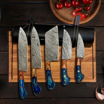 Magnificent Custom Made Damascus Blade Kitchen/Chef Knife Set 5 pieces, Unique High Grade Hand Forged Kitchen Knives Set