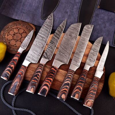 Magnificent Custom Made Damascus Blade Kitchen/Chef Knife Set 7 pieces, Unique High Grade Hand Forged Kitchen Knives Set