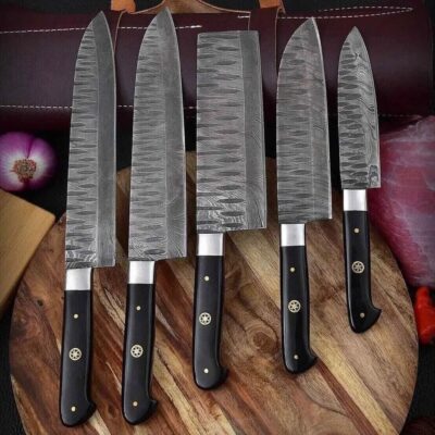 Magnificent Custom Made Damascus Blade Kitchen/Chef Knife Set 5 pieces, Unique High Grade Hand Forged Kitchen Knives Set