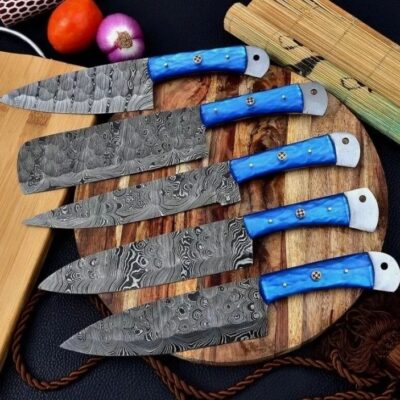 Magnificent Custom Made Damascus Blade Kitchen/Chef Knife Set 5 pieces, Unique High Grade Hand Forged Kitchen Knives Set