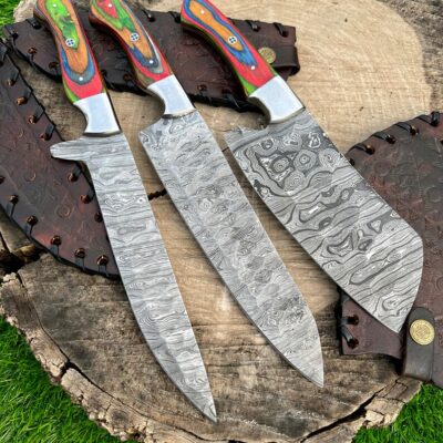 Magnificent Custom Made Damascus Blade Kitchen/Chef Knife Set 3 pieces, Unique High Grade Hand Forged Kitchen Knives Set