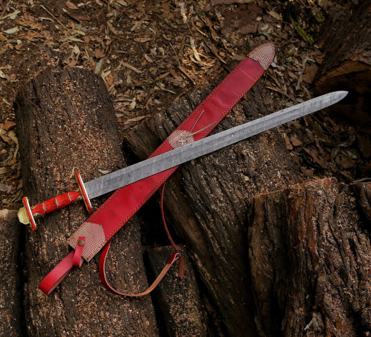 Beautiful Hand Forged Damascus Steel Medieval /Viking Ragnar Sword With Leather Sheath, best birthday gift for him/her, MASTER Sword.