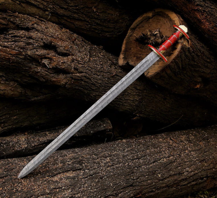 Beautiful Hand Forged Damascus Steel Medieval /Viking Ragnar Sword With Leather Sheath, best birthday gift for him/her, MASTER Sword.