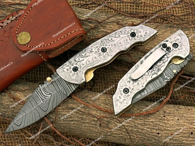 Damascus Steel Pocket knife, Folding blade, Every Day Carry Knife , Damascus Folder, Best Gift For Him, Engraved Handle