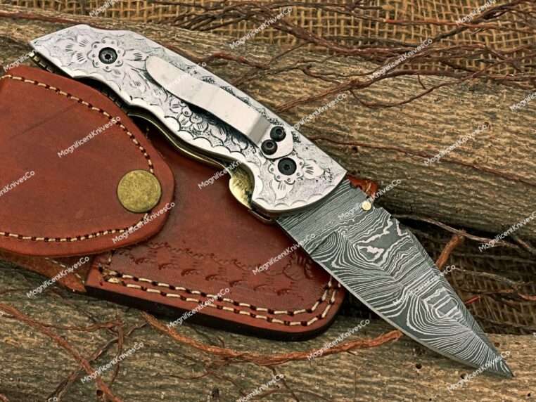 Damascus Steel Pocket knife, Folding blade, Every Day Carry Knife , Damascus Folder, Best Gift For Him, Engraved Handle