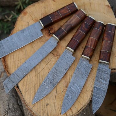 Magnificent Custom Made Damascus Blade Kitchen/Chef Knife Set 5 pieces, Unique High Grade Hand Forged Kitchen Knives Set