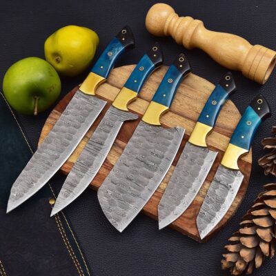 Magnificent Custom Made Damascus Blade Kitchen/Chef Knife Set 5 pieces, Unique High Grade Hand Forged Kitchen Knives Set