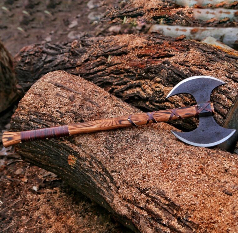 Custom Handmade Viking Axe Double Headed Carbon Steel Axe, Ash Wood Shaft Leather Wrap, Best Birthday & Anniversary Gift For Him,