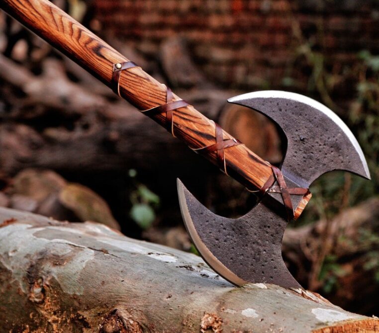 Custom Handmade Viking Axe Double Headed Carbon Steel Axe, Ash Wood Shaft Leather Wrap, Best Birthday & Anniversary Gift For Him,