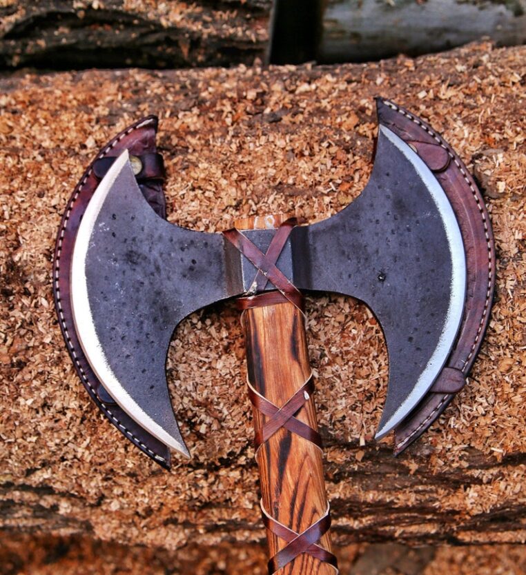 Custom Handmade Viking Axe Double Headed Carbon Steel Axe, Ash Wood Shaft Leather Wrap, Best Birthday & Anniversary Gift For Him,