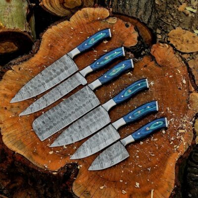 Magnificent Custom Made Damascus Blade Kitchen/Chef Knife Set 6 pieces, Unique High Grade Hand Forged Kitchen Knives Set