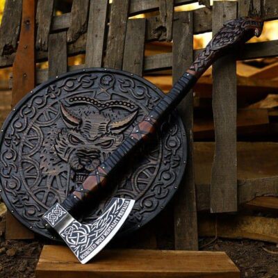Legendary Norse Wolf Head engraved Axe & Shield Set Hand forged Carbon Steel Battle ready Axe