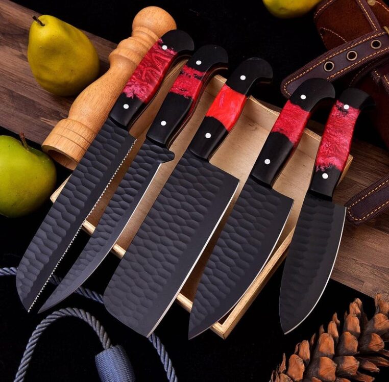 Magnificent Custom Made Carbon Steel Blade Kitchen/Chef Knife Set 5 pieces, Unique High Grade Hand Forged Kitchen Knives Set