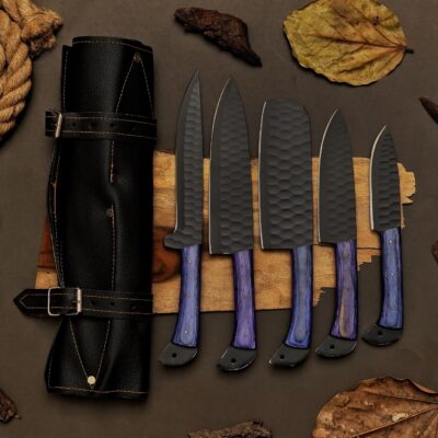 5 Pieces Handmade Chef Set, Carbon Steel Kitchen Chef Set With Leather bag