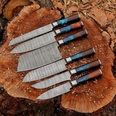 Eternal Edge Damascus Knife Set – Multi Colored Resin Handle & Free Leather Bag