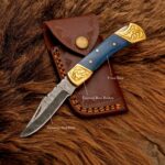 Custom Handmade Damascus Steel Folding Pockets Pocket Knife With Leather Sheath Mk0065