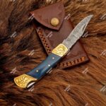 Custom Handmade Damascus Steel Folding Pockets Pocket Knife With Leather Sheath Mk0065