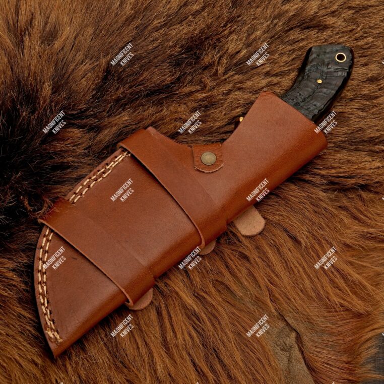 11" Damascus Steel Tracker Hunting Knife With Leather Sheath