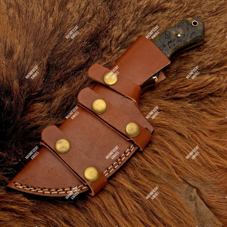 11" Damascus Steel Tracker Hunting Knife With Leather Sheath