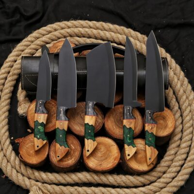 5 Pieces Handmade Chef Set, Carbon Steel Kitchen Chef Set With Leather bag