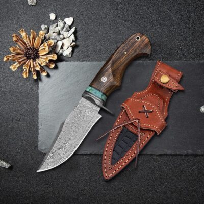 Falcon Edge - 10” Hand Forged Damascus Hunting Knife with Leather Sheath