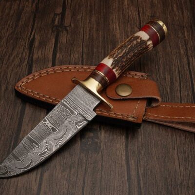 WolfMark Forge - 8” Handmade Damascus Hunting Knife with Leather Sheath